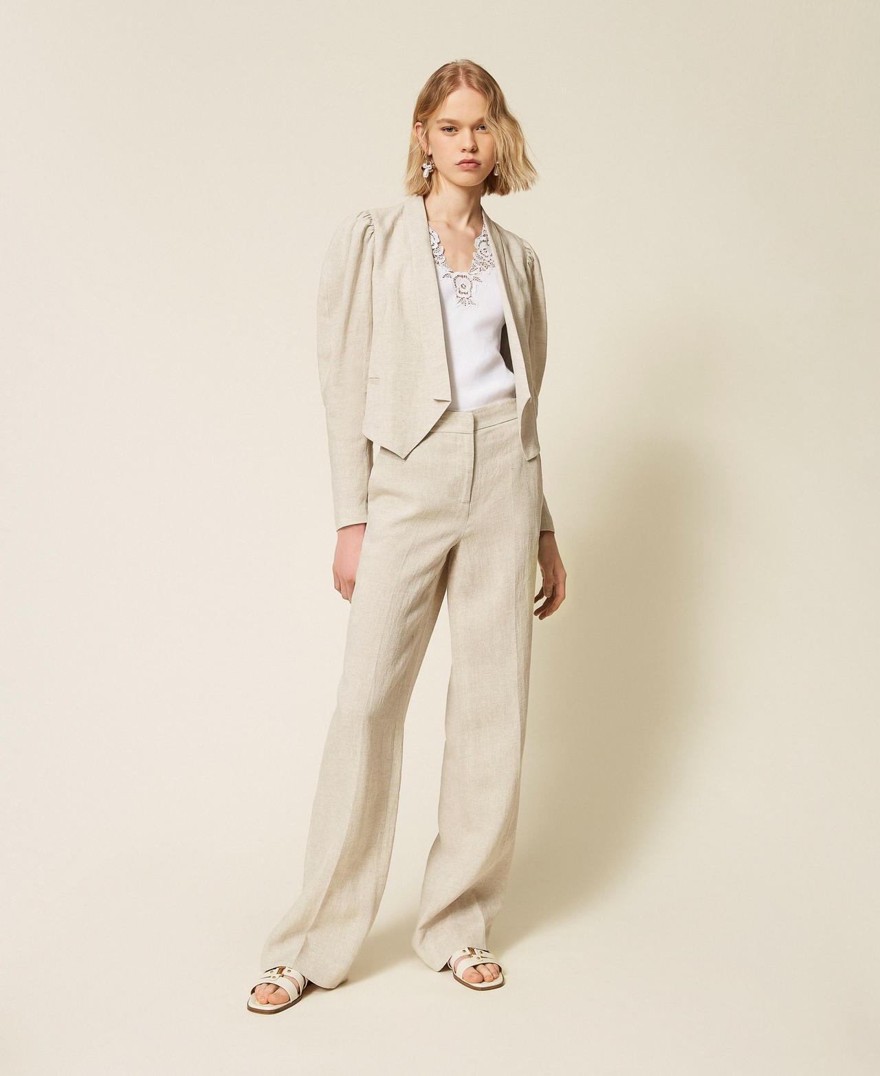 Weite Hose aus Leinen mit Lurex Natural Bright Linen Frau 261TT2521_13499_01