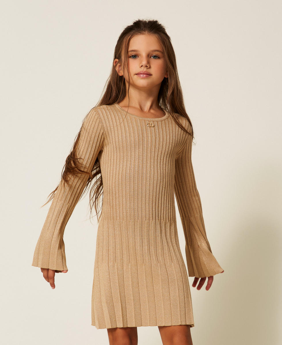 Kurzes Strickkleid mit Plissee und Lurex Gold Pleats M&auml;dchen 252GJ3110_12736_01
