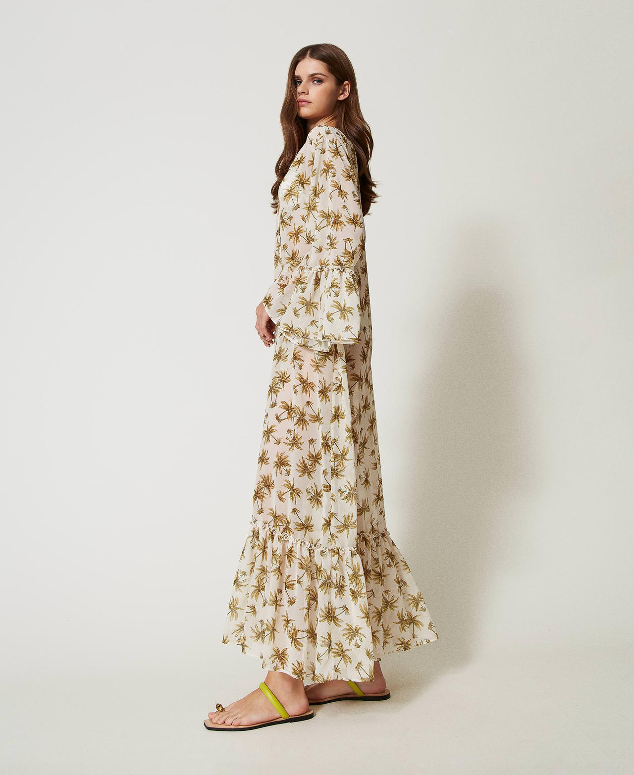 Georgette kaftan with palm print Mother of Pearl/Olive Leaf Palm Print Woman 251LB2ZEE_12196_02