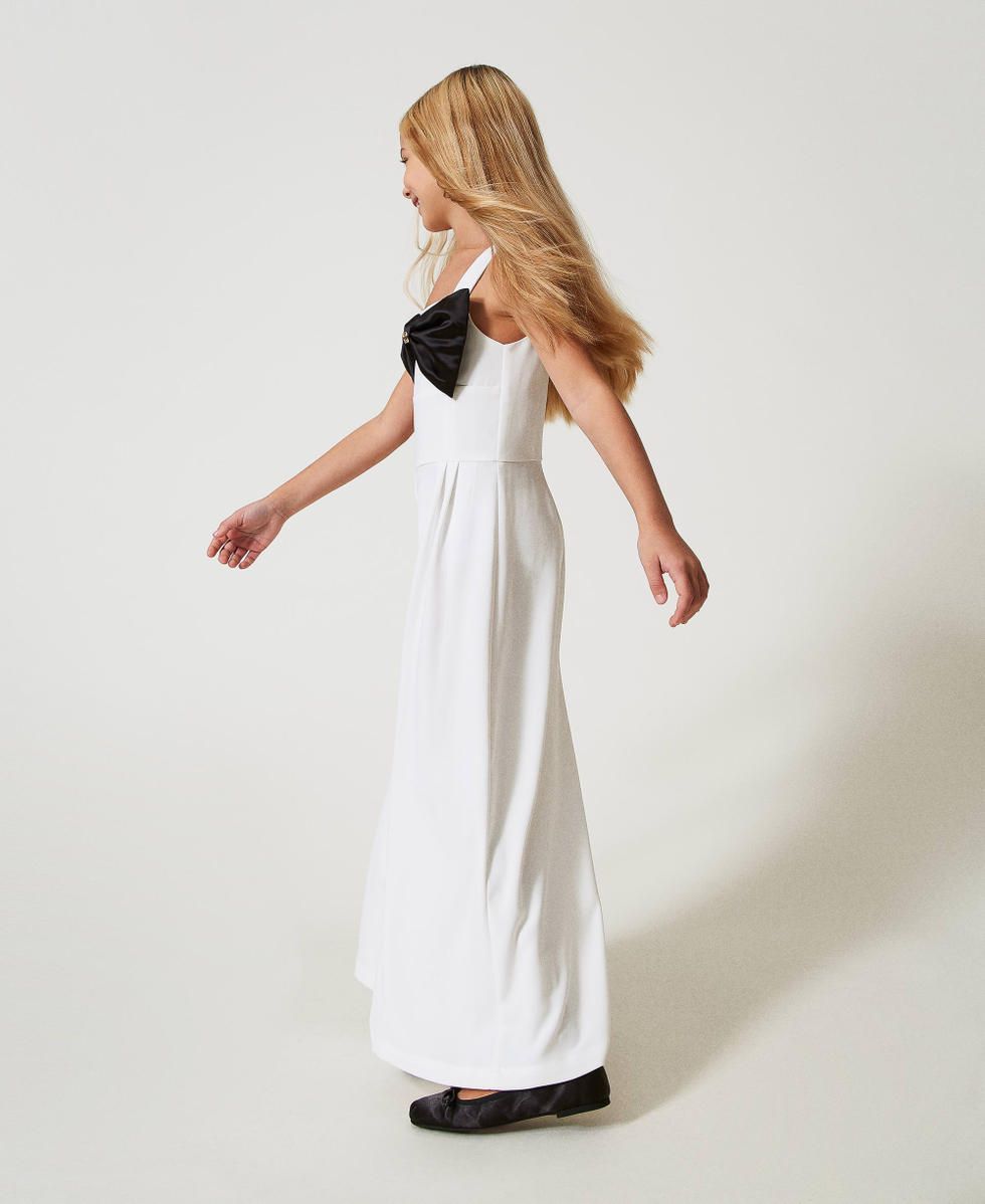 Combinaison en cr&ecirc;pe avec n&oelig;ud Bicolore Blanc Glace / Noir Fille 251GJ2QN1_02849_02