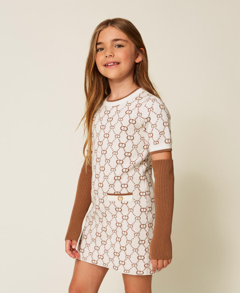 Short jacquard knit dress with removable sleeves Papyrus White/Camel Micro Logo Girl 252GJ3020_12794_02