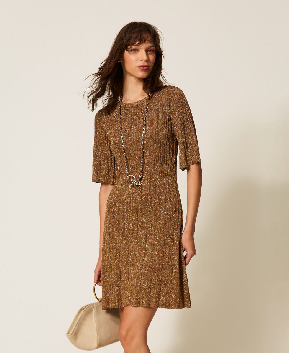 Kurzes Lurex-Strickkleid „Bubinga Wood“-Braun Lurexgold Frau 261TP3040_13361_01
