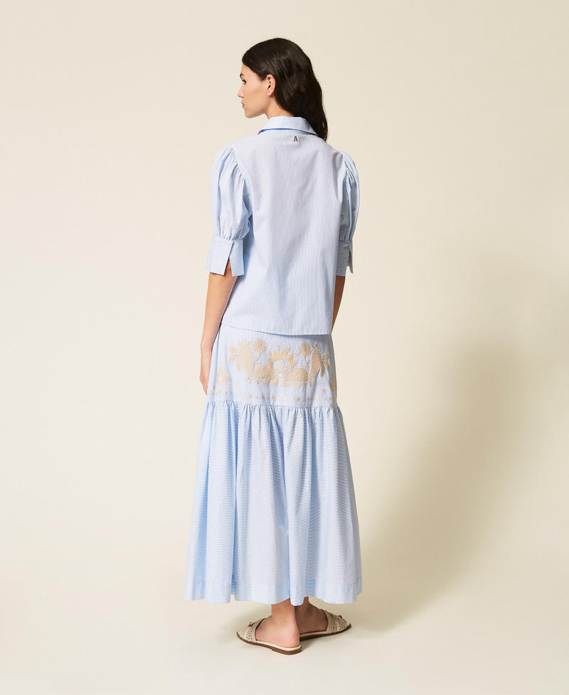 Gonna lunga a righe con balza e ricamo Off White / Light Blue Embroidery Pinstripe Donna 261AT2031_13391_03