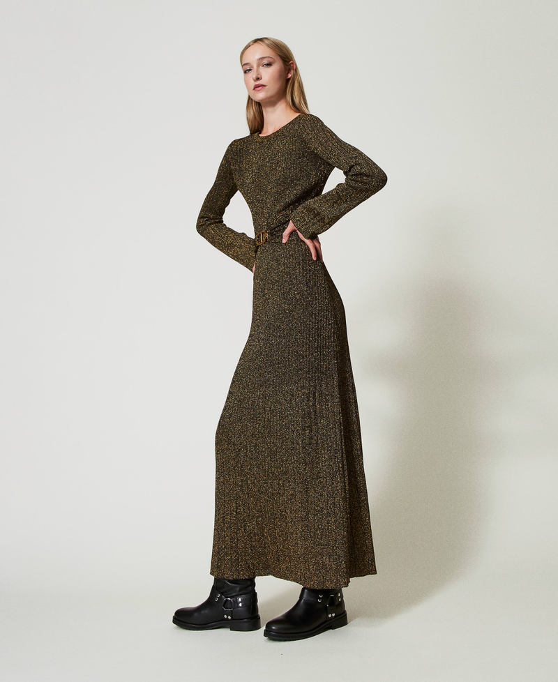 Long rib knit dress with Oval T belt Two-tone Black / Dark Gold Woman 242TT3460_12028_03