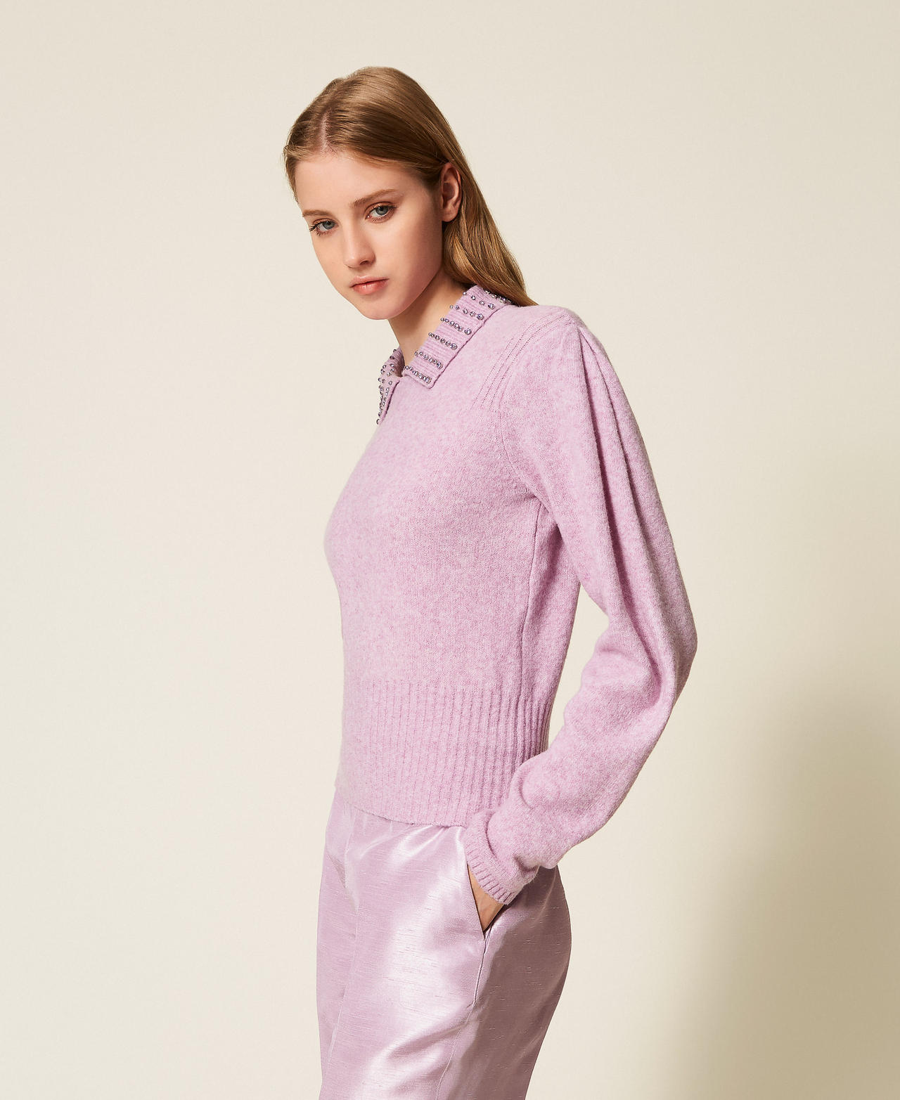 Recycled yarn polo collar jumper Fair Orchid Purple Woman 252AP3160_12560_02