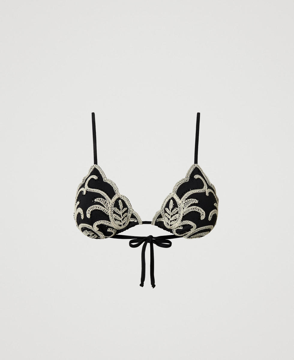 Triangle bikini top with embroidery and rhinestones Bicolour Black / Mother-of-pearl White Woman 251LBMY22_02710_S0