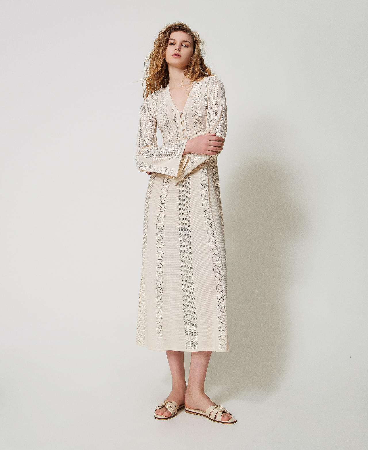 Long punched knit dress "Parchment" Beige Woman 251TT3050_07222_01