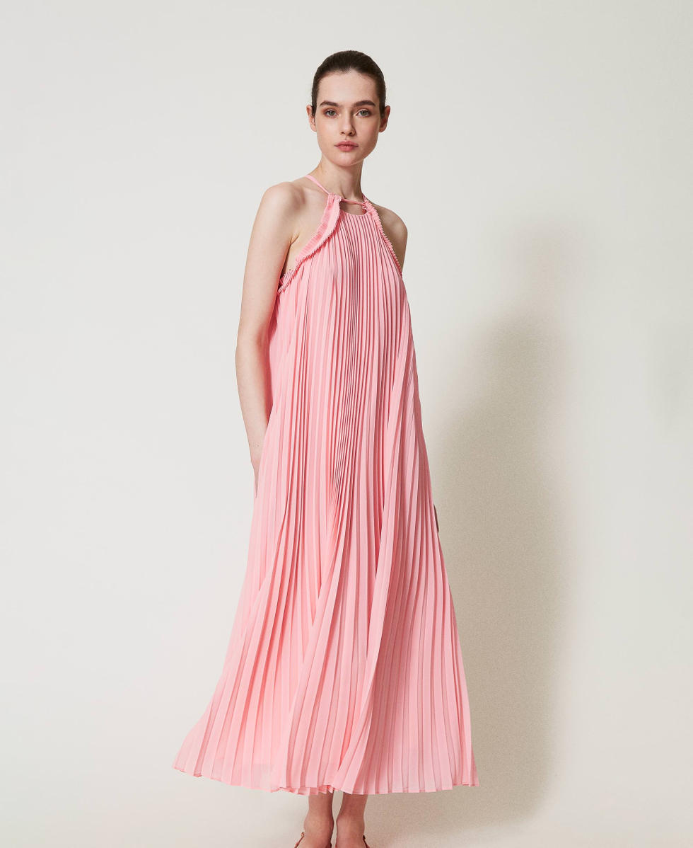 Long pleated georgette dress with belt Woman, Pink | TWINSET Milano