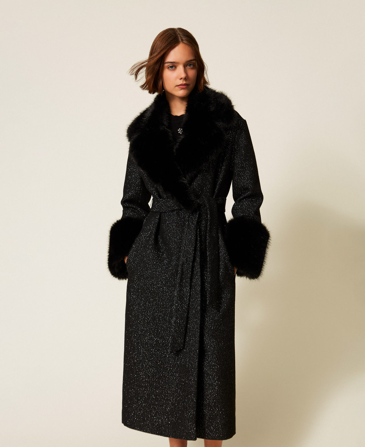 Manteau long en drap avec fausse fourrure Sel Poivre Noir/Argent Femme 252TT2040_12892_01