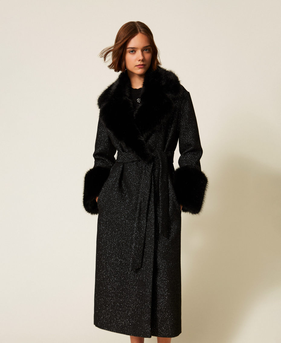 Długi płaszcz z tkaniny ze sztucznym futrem Sól i Pieprz Czarny / Srebrny Kobieta 252TT2040_12892_01