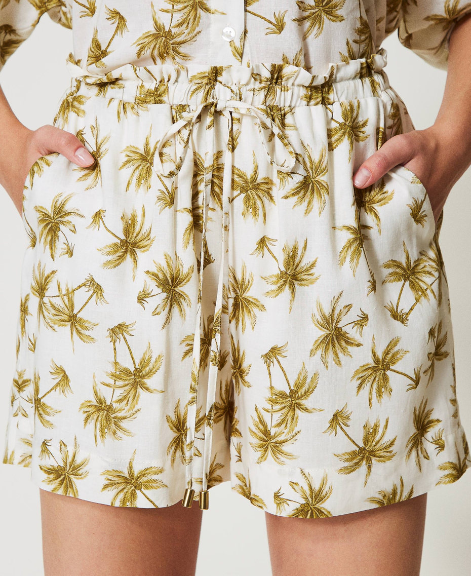 Linen blend shorts with palm print Mother of Pearl/Olive Leaf Palm Print Woman 251LB2VCC_12196_04