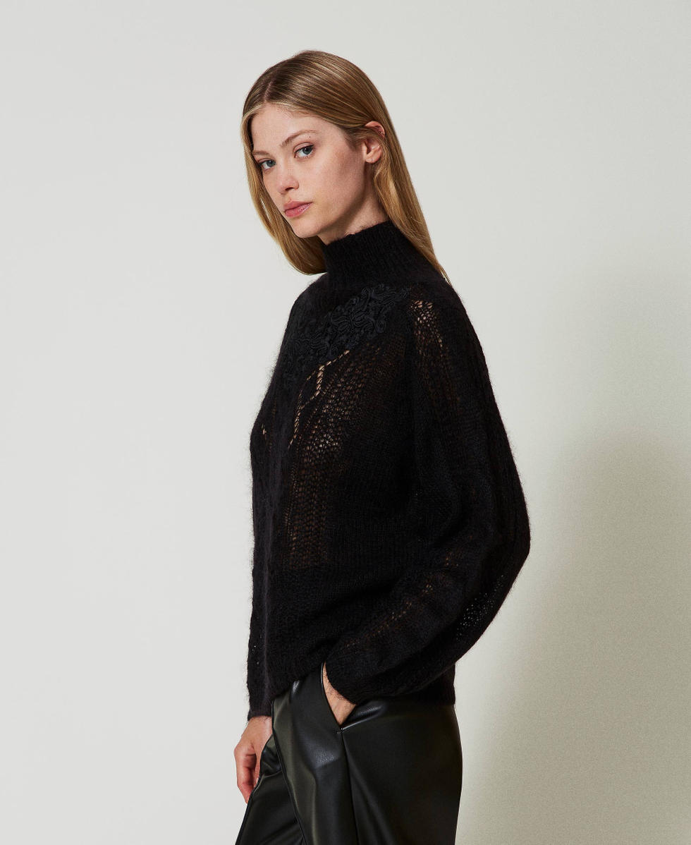 Pull col montant en laine et mohair avec dentelle Femme Noir TWINSET Milano