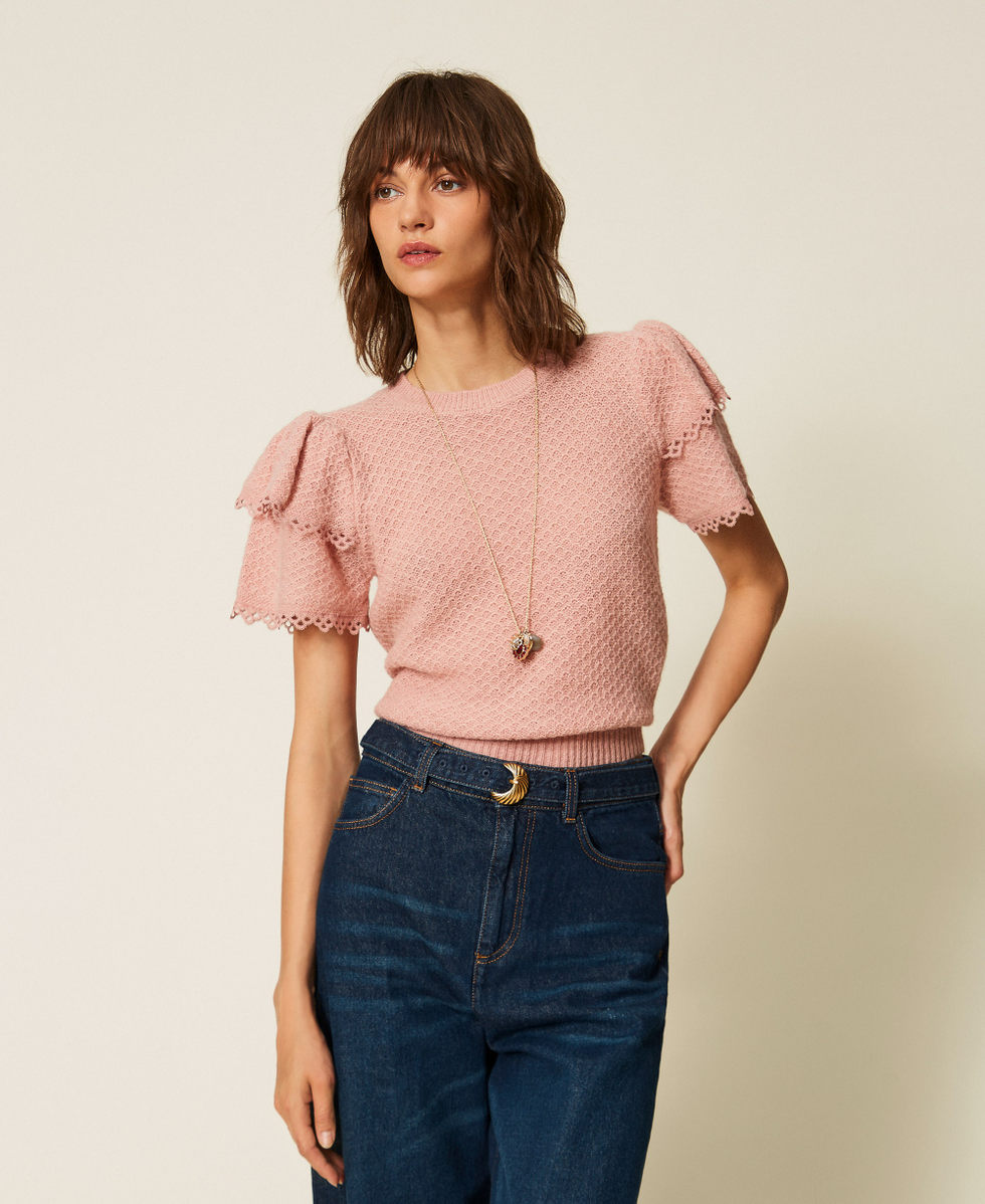 Pull ras-du-cou avec volants Rose Dusty Pink Clair Femme 262TP3152_12747_01