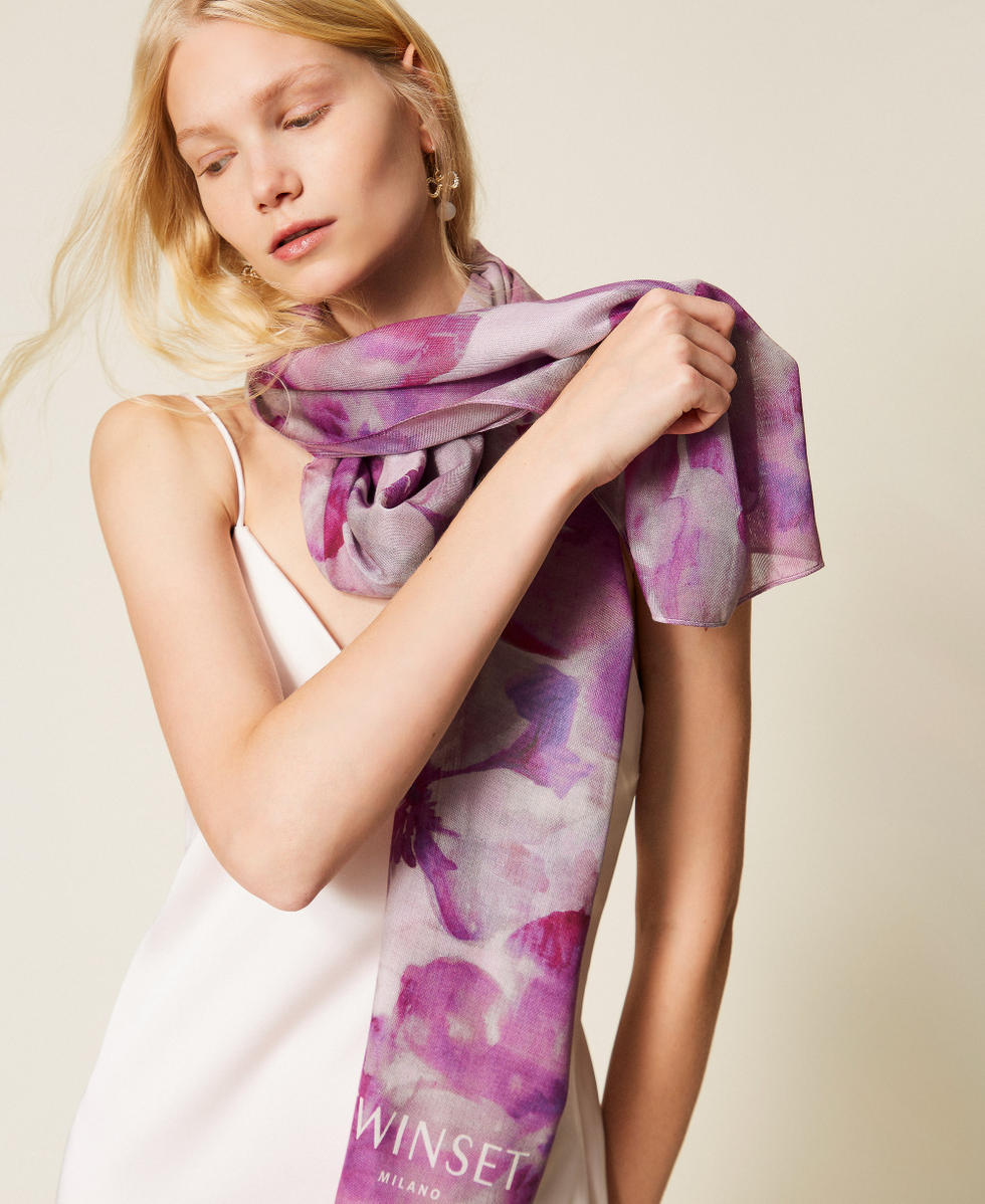 Floral stole with logo Dusty Magenta Red Flower Print Woman 261TA4450_13407_T0
