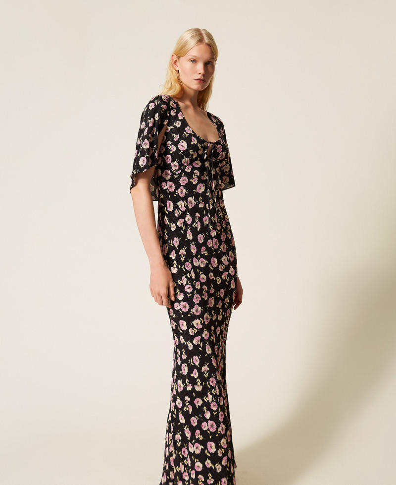 Long floral print dress Black/Rose Flower Print Woman 261TP210A_13409_02