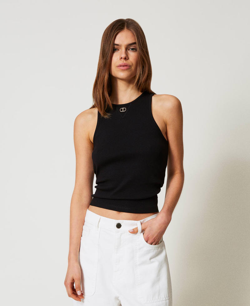 Top fitted a costine con Oval T Nero Donna 251TP2550_00006_01