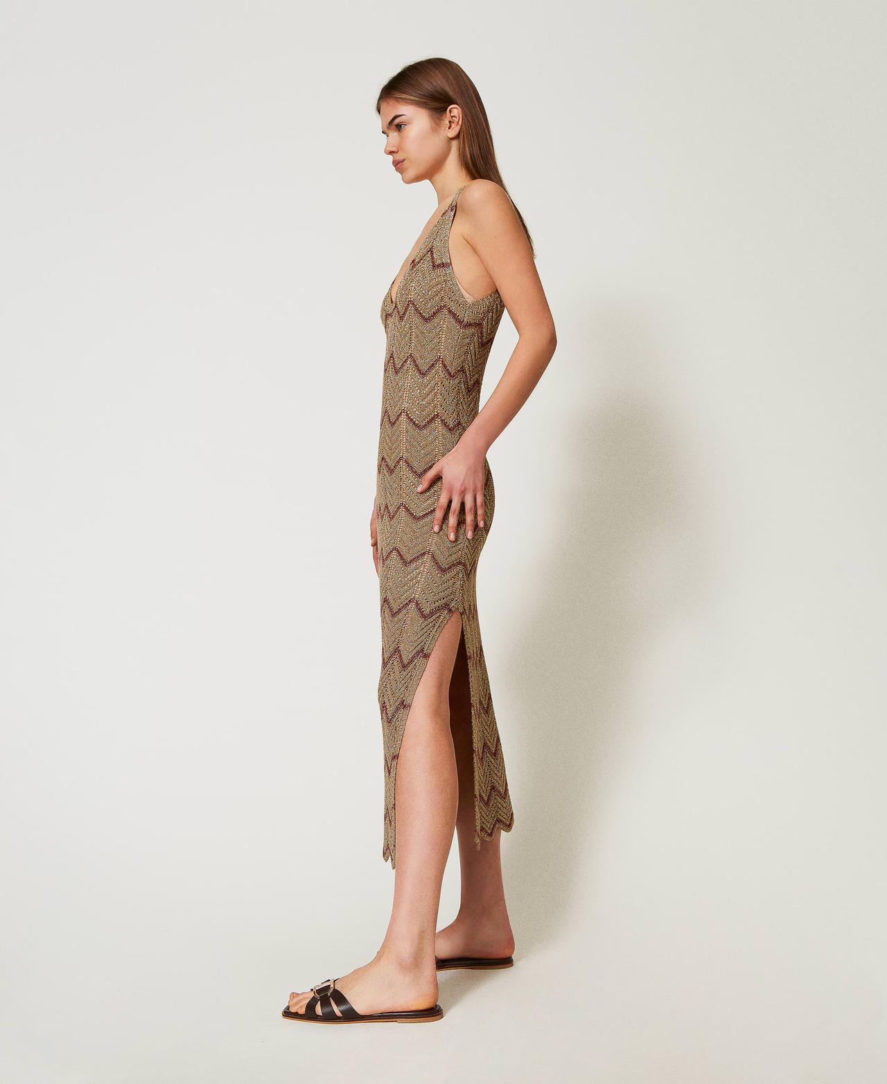 Midi dress in two-tone knit Two-tone Lurex Golden Green/Amber Brown Woman 251TT3197_12528_02