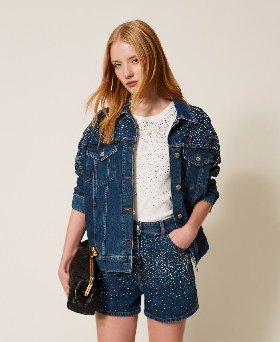 Denim shorts with rhinestones Denim Blue Woman 261AP2341_01104_01