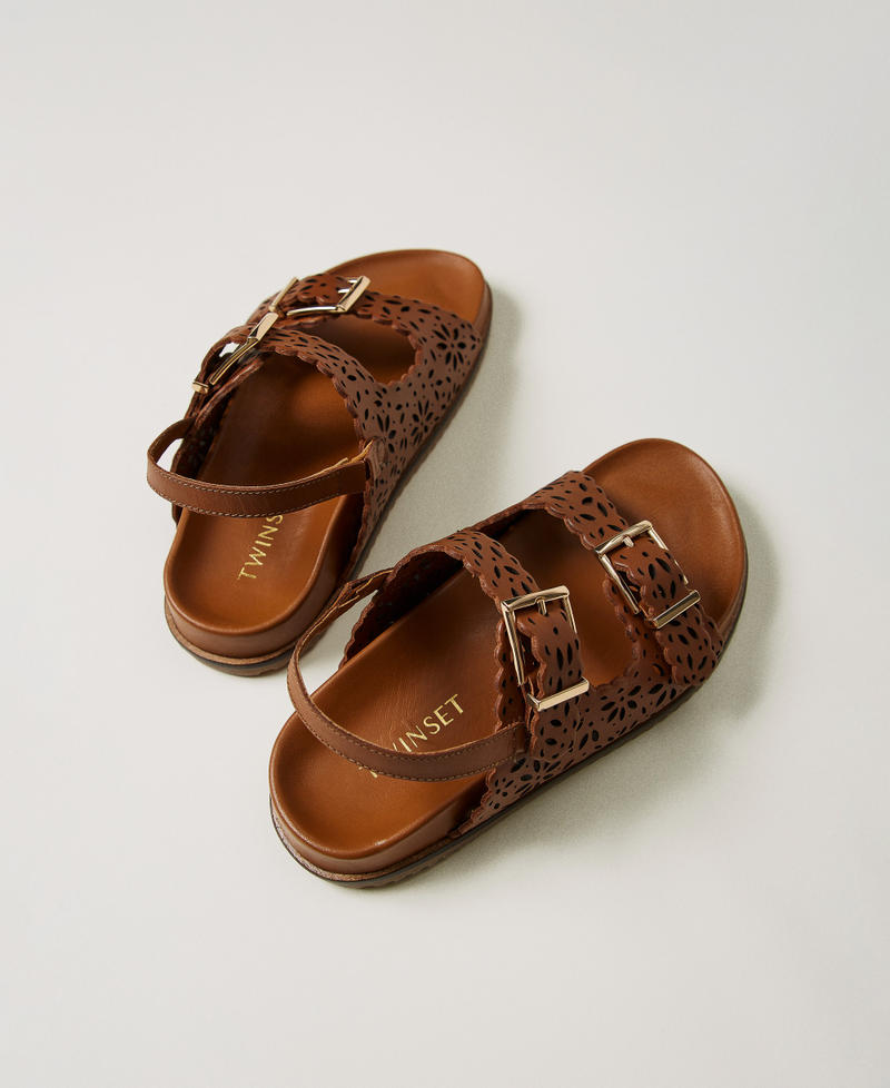 Lasered leather sandals with buckles Leather Brown Girl 251GCJ046_00057_03