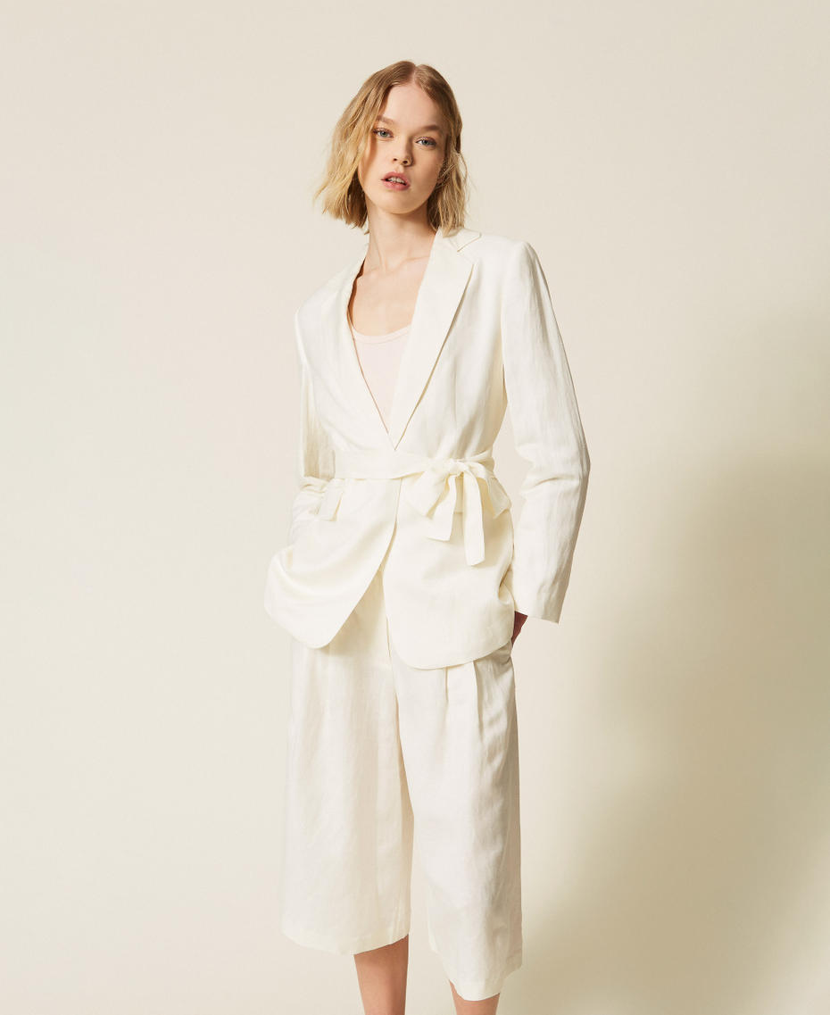 Linen blend blazer with belt Off White Woman 261LL2NHH_00526_T0