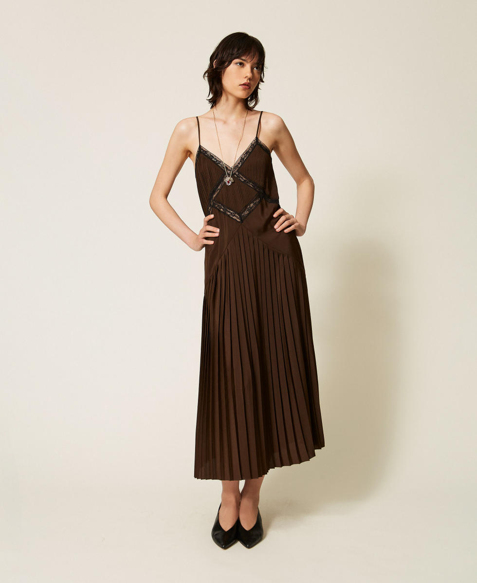 Abito lungo in cr&ecirc;pe de Chine e pizzo Bicolor Darkness Brown / Nero Donna 262TP2060_13853_01