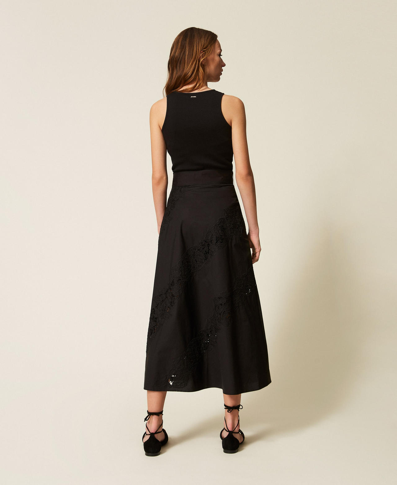 Gonna lunga in popeline e sangallo Nero Donna 261TT2030_00006_03