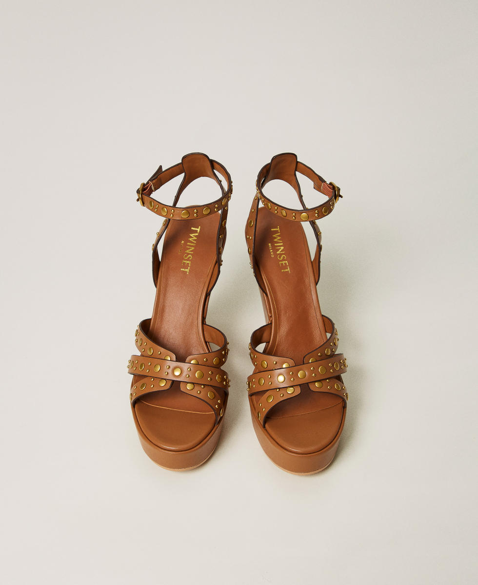 Leather platform sandals with studs Leather Brown Woman 251TGT074_00057_04