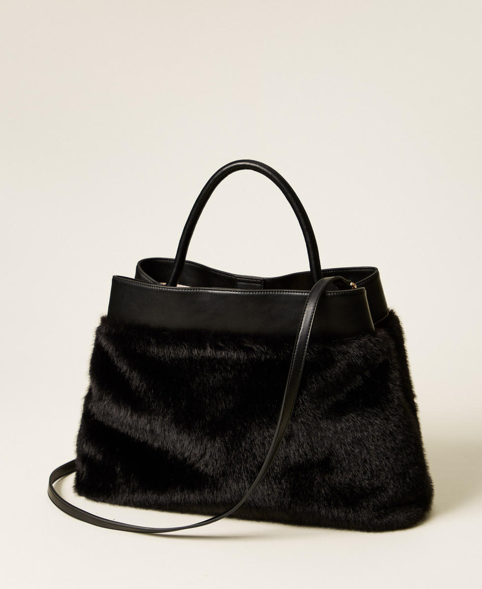 Faux fur shopper bag with Oval T lock Black Woman 252TD8400_00006_03