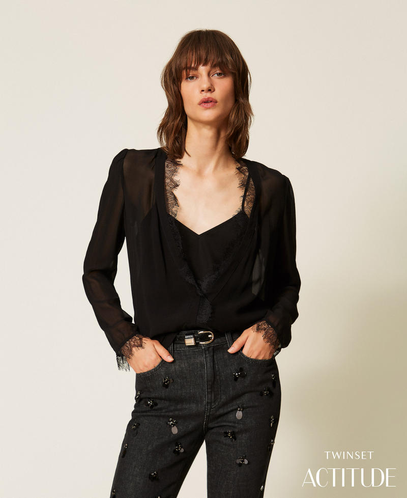 Georgette blouse with lace Black Woman 262AP2282_00006_PA
