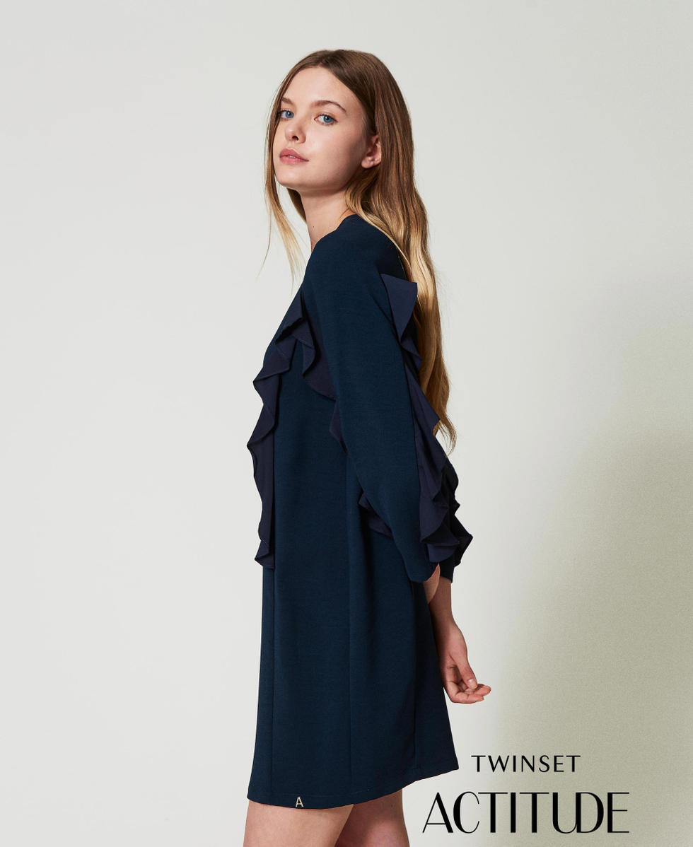 Kurzes Kleid aus Cady mit Volant Marineblau Frau 242AT2184_11989_01