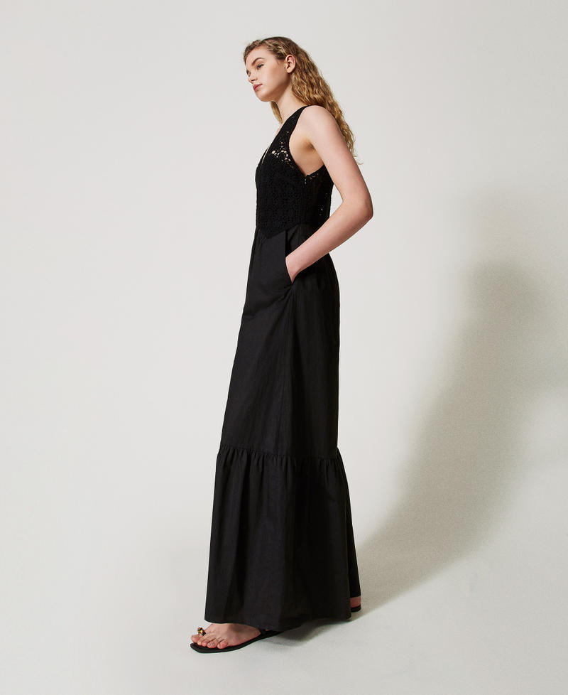 Long poplin jumpsuit with crochet Black Woman 251TT2084_00006_02