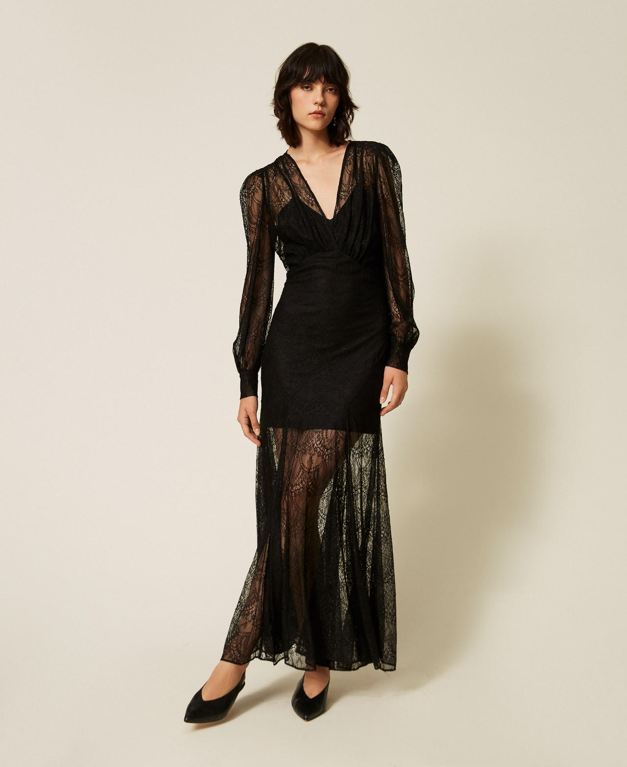 Abito lungo in pizzo Valenciennes Nero Donna 262TP274A_00006_01