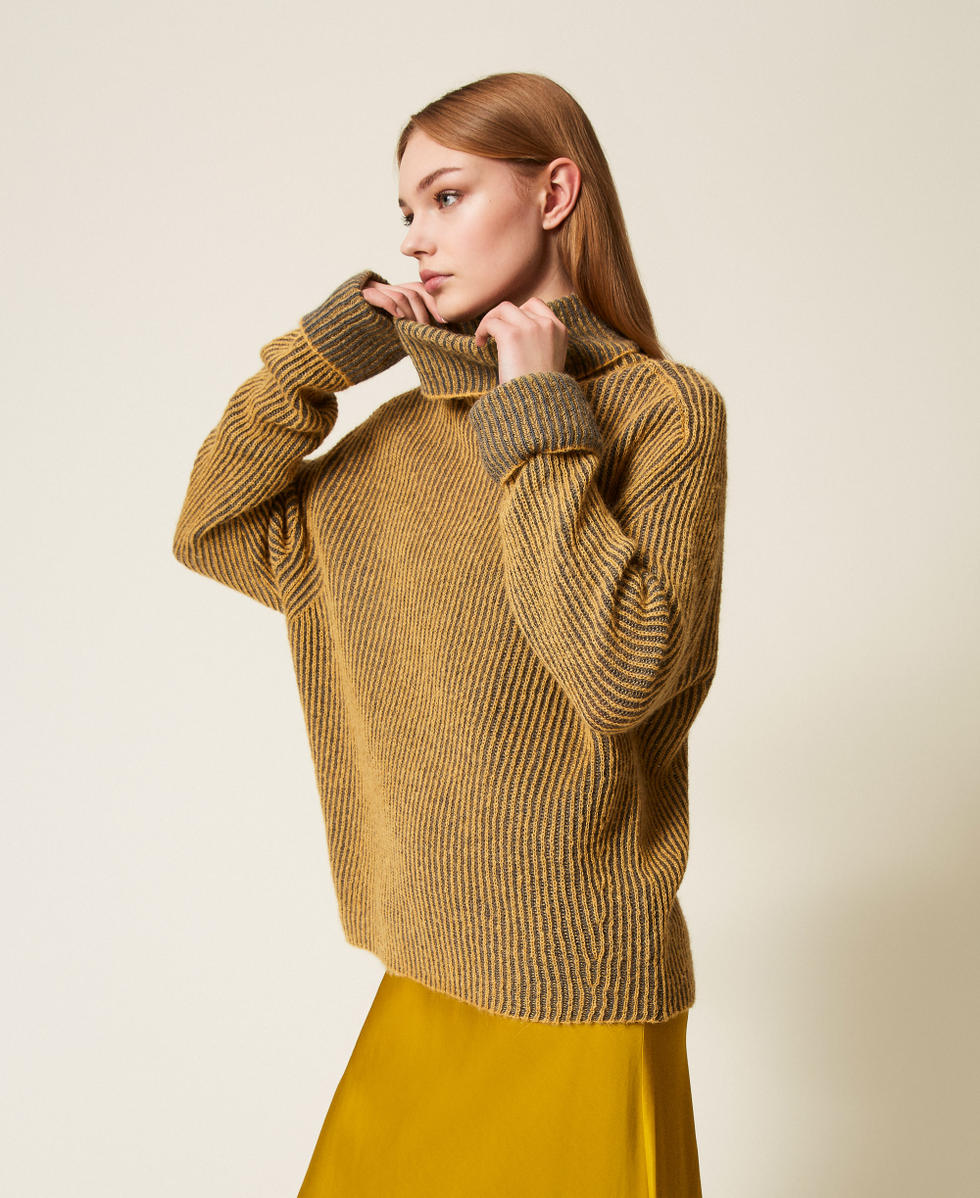 Pull col roulé en laine mélangée vanisée Jaune « Mustard »/Gris Foncé Chiné Femme 252TF3010_12999_02