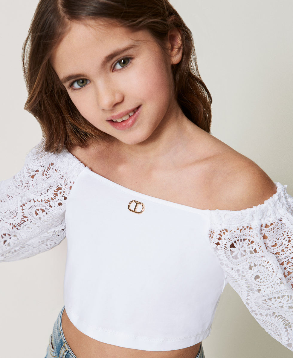 Top con mangas abullonadas de encaje macram&eacute; Blanco "Ice" Ni&ntilde;a 251GJ2QR9_00808_PD