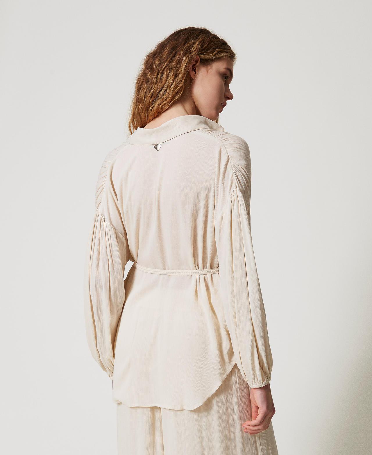 Crepon shirt with belt Almond Beige Woman 251LM2GEE_12363_03