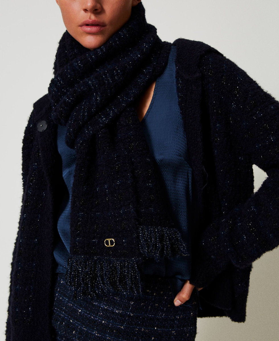 Knit scarf with lurex and fringes Classic Blue / Black Lurex Checked Jacquard Woman 242TO507B_12074_S0