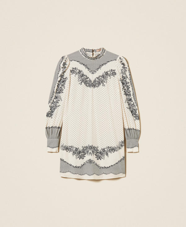 Jacquard satin short dress with floral and polka dot pattern