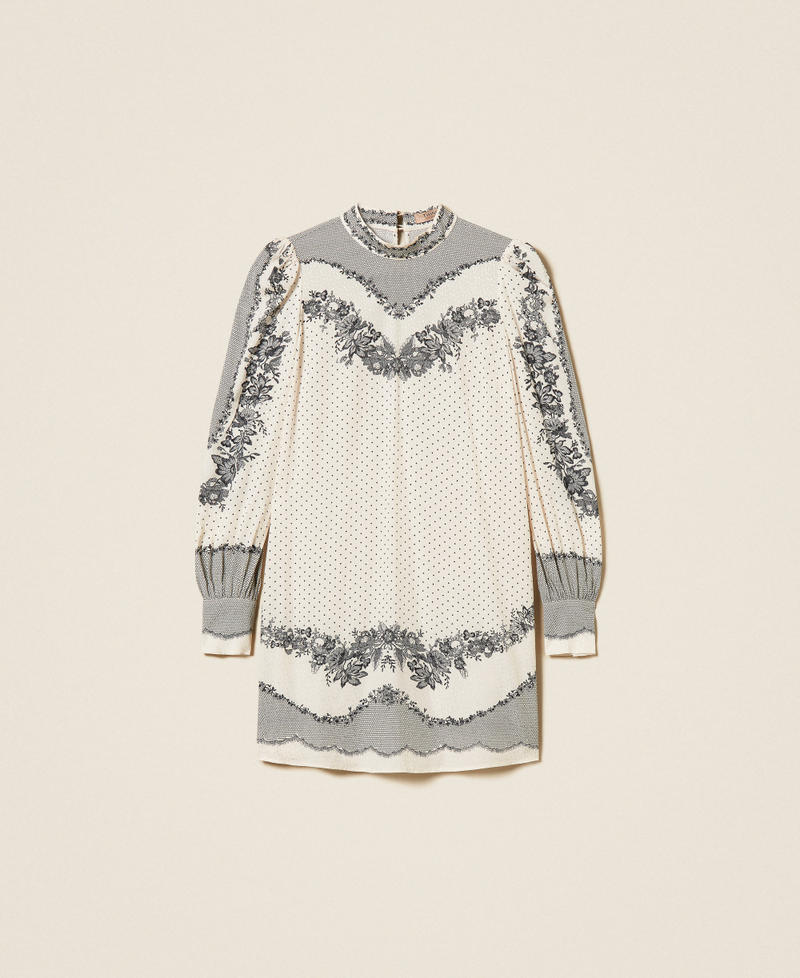 Abito corto in raso jacquard a fiori e pois Stampa Lace And Flowers Nero / Madreperla Donna 262TP267C_13947_S0