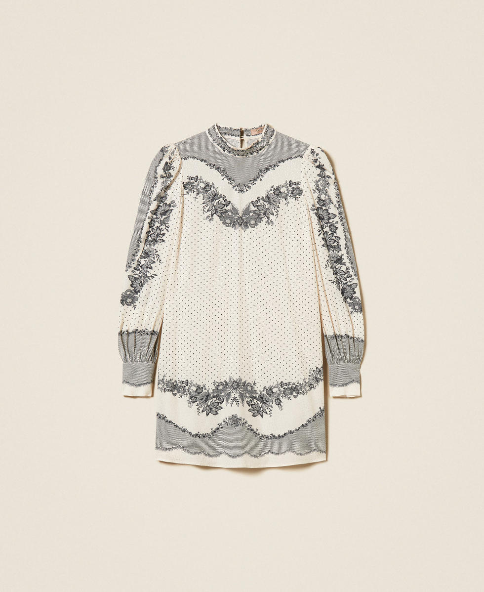 Robe courte en satin jacquard floral avec pois Imprim&eacute; Dentelle et Fleurs Noir/Nacre Femme 262TP267C_13947_S0