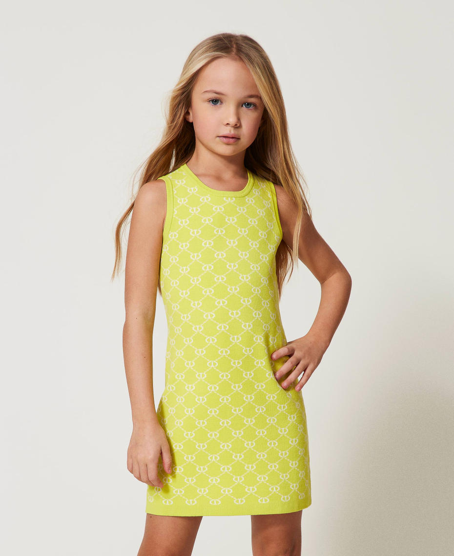 Short knit dress with jacquard Oval T Two-tone Yellow Plum/Ice Girl 251GJ3QX2_12190_01