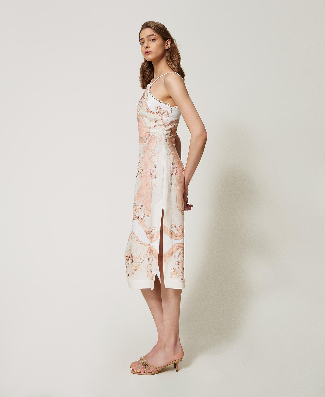 Midi dress in printed linen Flowers Tapestry Dusty Coral Shade Print Woman 251TT2440_12527_02