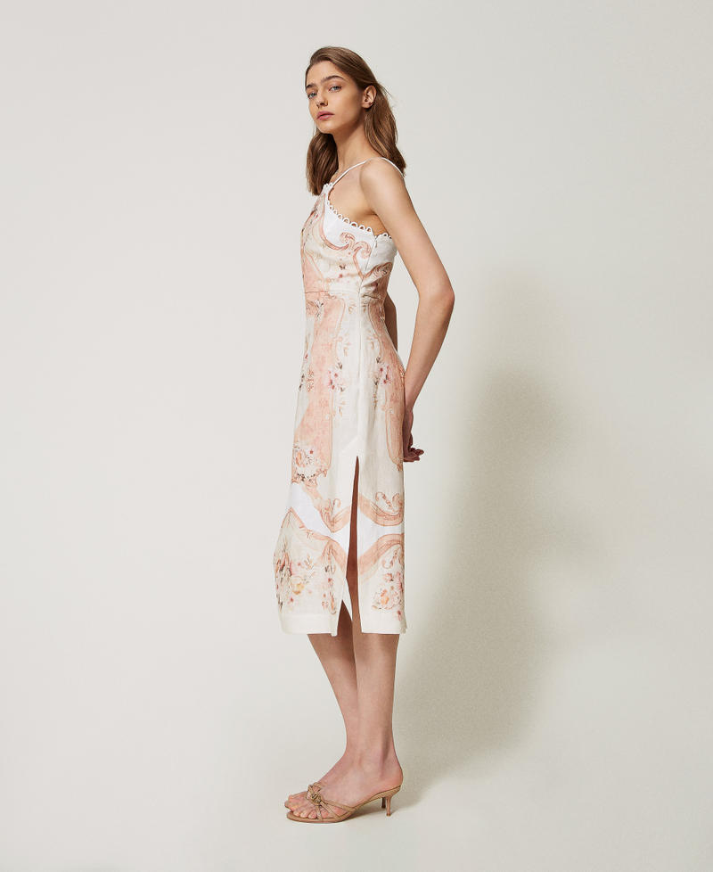 Midi dress in printed linen Flowers Tapestry Dusty Coral Shade Print Woman 251TT2440_12527_02