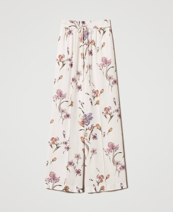 Pantaloni in cr&ecirc;pe de Chine a fiori con elastico