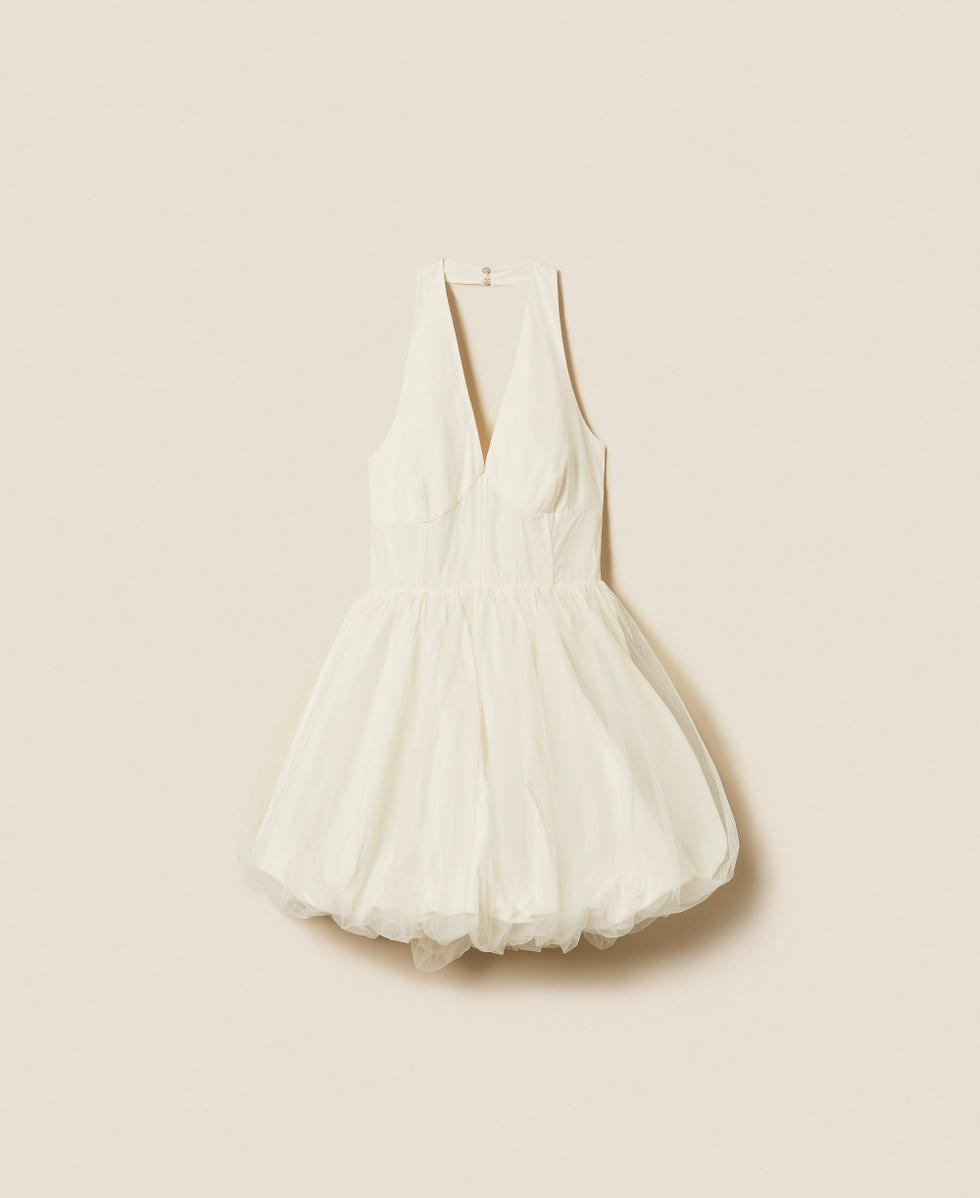 Robe courte en taffetas et tulle Nacre Femme 252TT2283_00059_S0