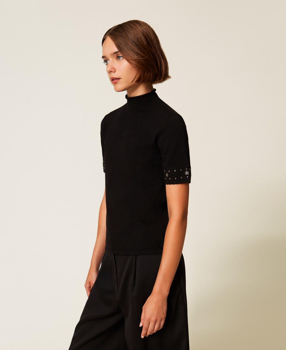 Turtleneck jumper with rhinestones Woman, Black | TWINSET Milano