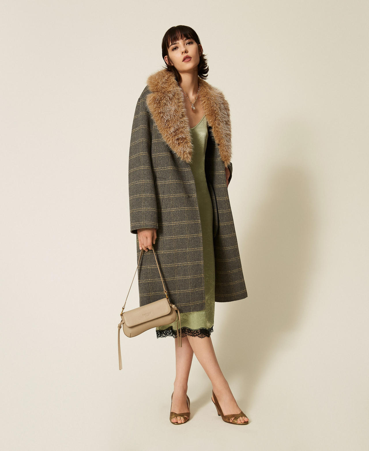Chequered double wool coat with faux fur Grey Melange/Mustard Check Woman 262TP2220_13841_02