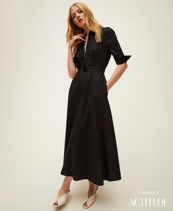 Long poplin dress with belt