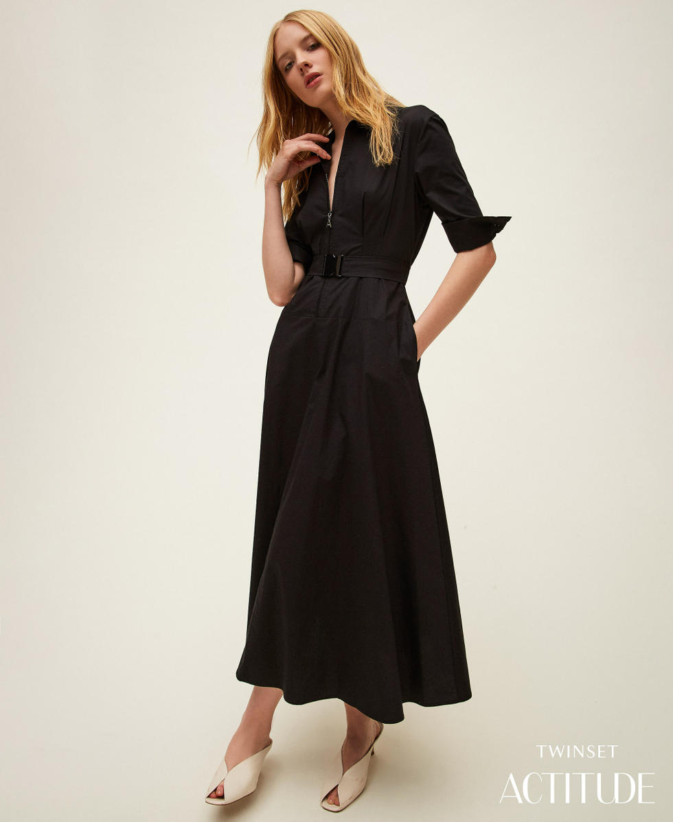 Long poplin dress with belt Black Woman 261AP2284_00006_PA