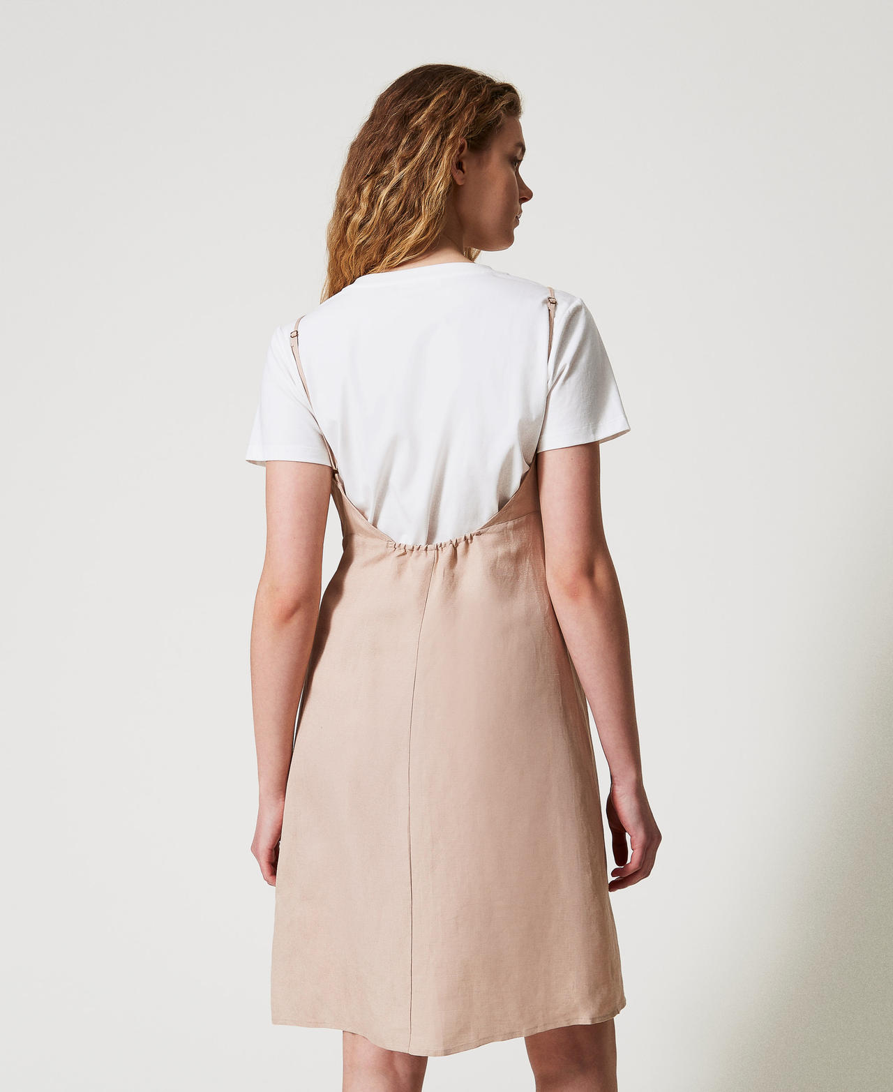 Linen blend midi dress Two-tone Rose Desert/White Cloud Woman 251LL2BEE_12246_03