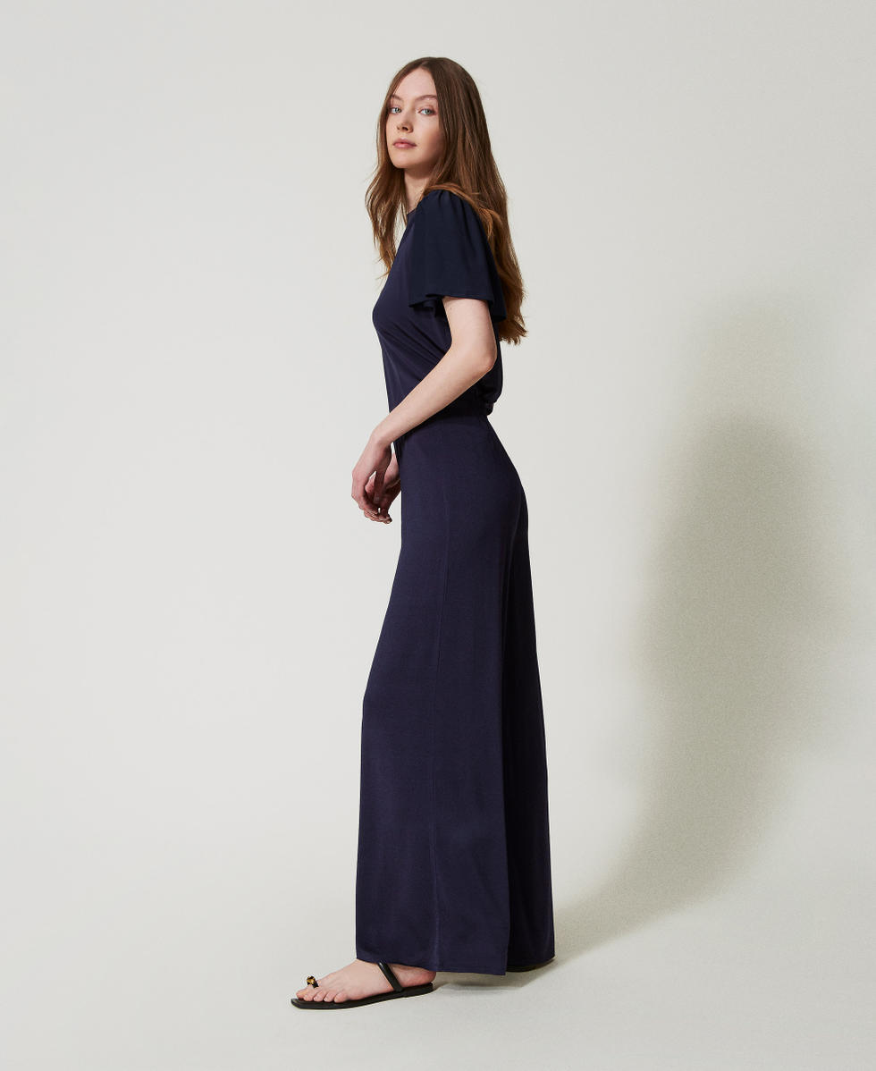 Pantalon palazzo en jersey Bleu Classique Femme 251LM2MEE_11956_02